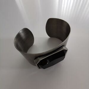 Thick Silver / Gunmetal Cuff / Bangle Bracelet With Black Jewel